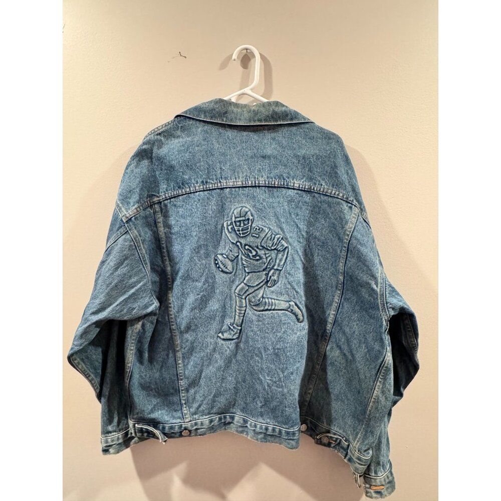 Vintage Denim Jean Jacket Coat Embossed Football Player Graphic X-Large Made USA